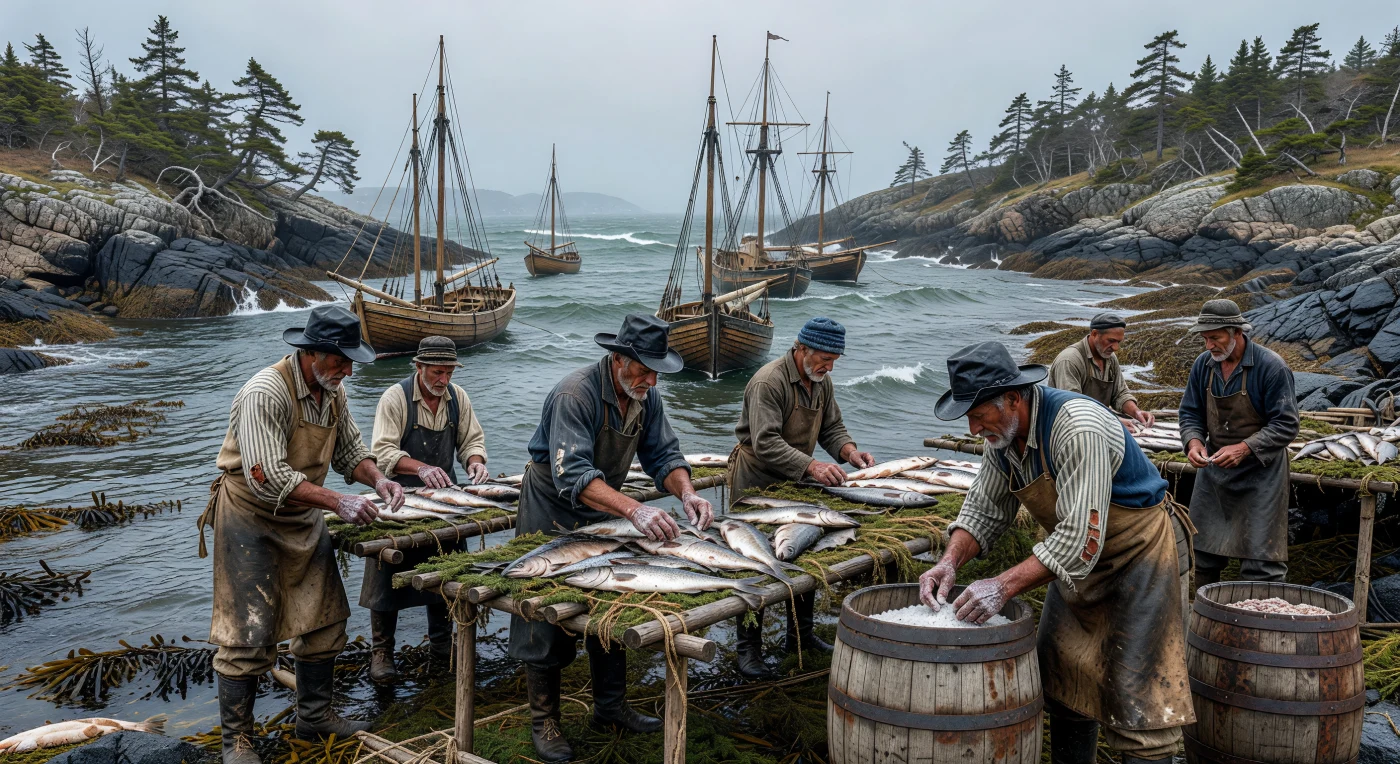 Nesta representação detalhada da Terra Nova em meados do século XIX, pescadores com trajes de lona oleada espalham meticulosamente o bacalhau salgado sobre "flakes", plataformas de madeira essenciais para a cura do peixe ao ar livre. O cenário captura o contraste entre a labuta humana exaustiva e a natureza implacável da costa atlântica, marcada por rochas escarpadas e abetos fustigados pelo vento. Esta indústria era o pilar da economia marítima durante a Era das Revoluções, integrando as águas da América do Norte numa vasta rede de comércio global que abastecia mercados internacionais.