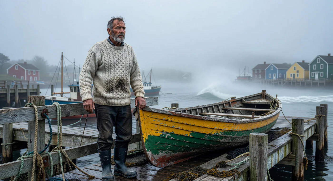 Un pescatore di Terranova, con indosso un maglione di lana grezza e stivali di gomma, osserva il porto avvolto dalla nebbia accanto alla sua dory dai colori vivaci ma ormai tristemente vuota. Questa immagine cattura il peso del moratorio del merluzzo del 1992, un evento epocale che pose fine a secoli di tradizione marittima e scosse profondamente il tessuto sociale e l'identità del Canada atlantico. L'assenza di reti e di pescato sul molo di legno riflette il silenzio di un'industria un tempo fiorente, ora sopraffatta da un improvviso e doloroso declino ecologico.