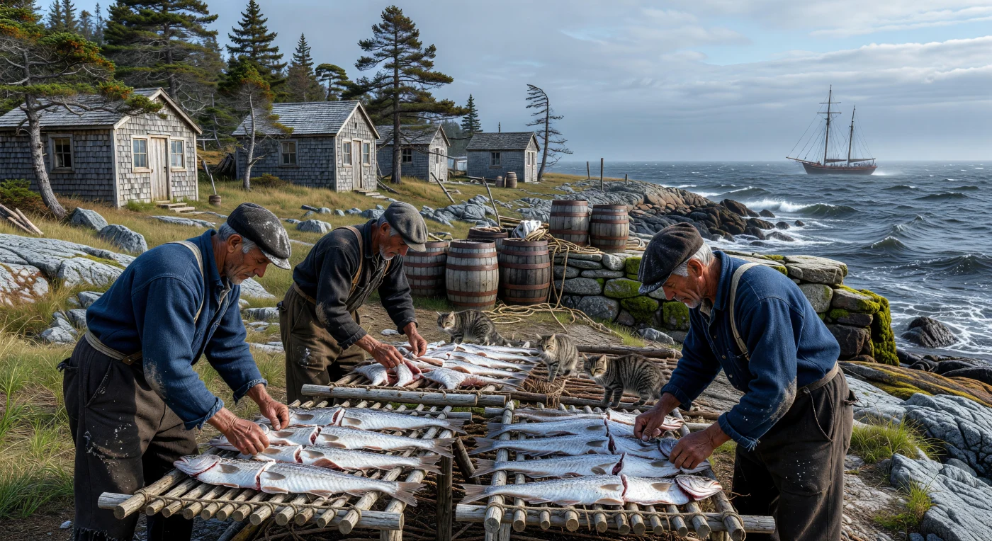 Lungo le coste ventose della Penisola di Gaspé alla fine del XIX secolo, pescatori franco-canadesi stendono meticolosamente il merluzzo atlantico sui "vigneaux", tradizionali graticci sopraelevati in legno di abete e sterpaglia. Indossando robuste *vareuses* di lana indaco e berretti incrostati di salsedine, questi lavoratori praticano la celebre "Gaspé Cure", un metodo di essiccazione fondamentale per alimentare il vasto mercato globale del pesce salato durante la Belle Époque. Tra l'aspro granito della riva e le nebbie del Golfo di San Lorenzo, la scena cattura la dura quotidianità di un'economia marittima sospesa tra le antiche tradizioni della vela e l'avvento dell'era industriale.