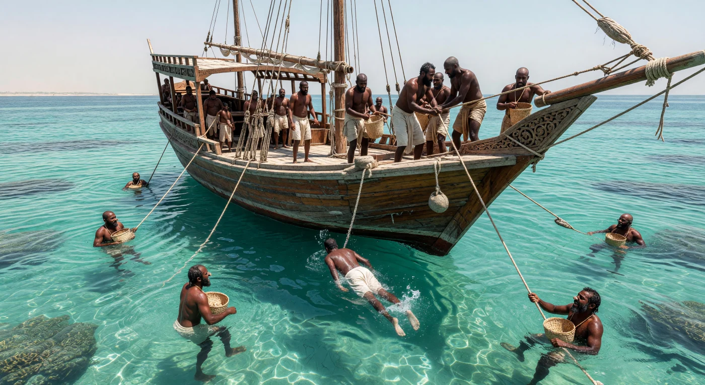 Questa scena cattura la faticosa quotidianità di una spedizione per la raccolta delle perle nel Golfo Persico del XIX secolo, dove i sommozzatori si immergono da una *baghlah* in teak tra acque turchesi e riflessi abbacinanti. Equipaggiati solo con semplici perizomi, pinzette in osso e cesti di corda, questi uomini sfidavano le profondità marine in un ciclo ritmico di lavoro estenuante sotto il sole cocente del mezzogiorno. Prima dell'avvento dell'industria petrolifera, il commercio delle perle rappresentava il cuore pulsante dell'economia degli Stati della Tregua, richiedendo una resistenza fisica straordinaria e una profonda conoscenza del mare.
