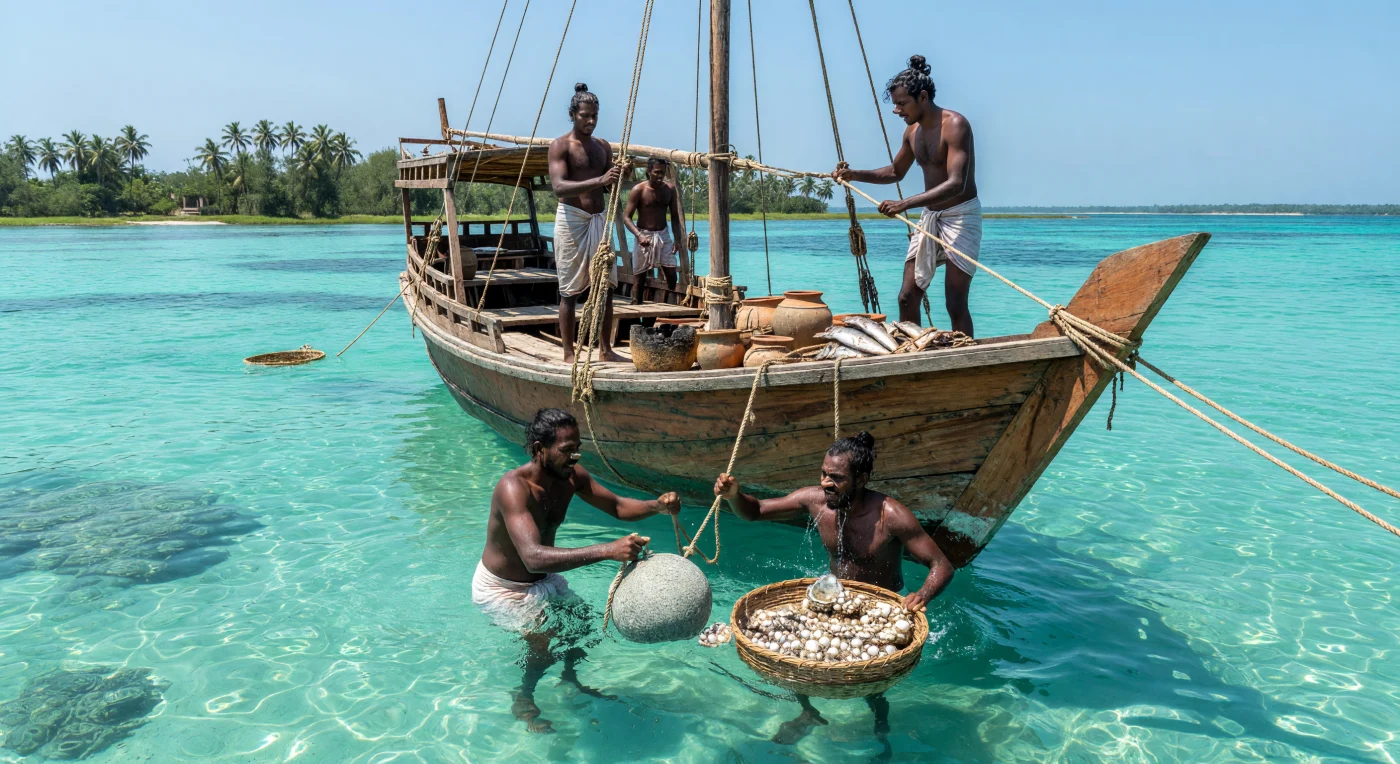 Verso il 1450, nelle acque cristalline del Golfo di Mannar, pescatori di perle dravidici si tuffano da un *dhow* tradizionale, la cui scocca in legno di teak è interamente cucita con corde di fibra di cocco anziché chiodi di metallo. Equipaggiati solo con pesi di granito per accelerare la discesa e piccoli fermagli d'osso per il naso, questi abili sommozzatori sfidano le profondità per raccogliere le preziose ostriche *Pinctada radiata*, destinate ai lussuosi mercati dell'Impero di Vijayanagara e oltre. Questa scena illustra vividamente la maestria marittima e la vibrante economia dell'Asia meridionale del tardo Medioevo, dove la resistenza umana alimentava una delle industrie più lucrose dell'Oceano Indiano.