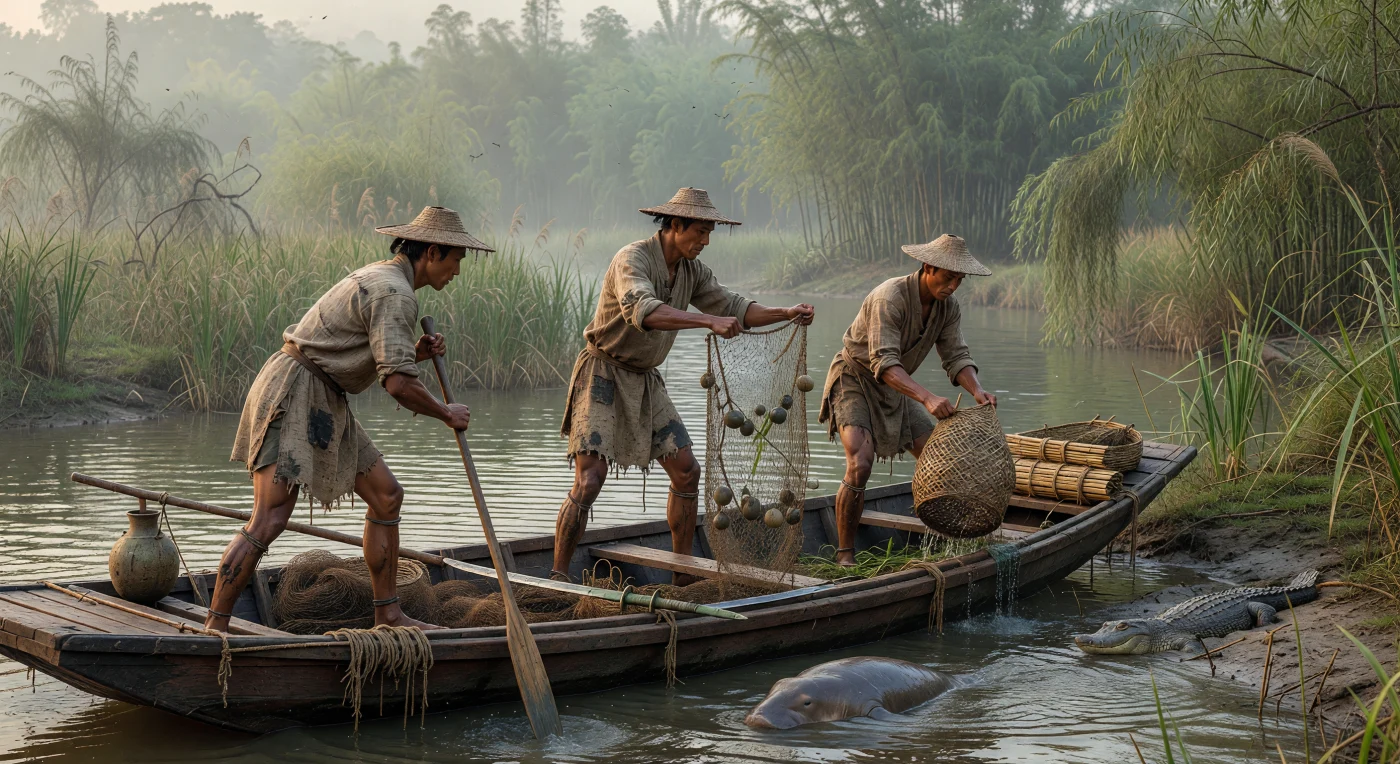 Tre barcaioli del popolo di Yue, magri e abbronzati, avanzano all’alba in una stretta imbarcazione di legno tra canneti, risaie selvatiche e rive fangose del basso Yangzi, sollevando reti di fibra vegetale e nasse intrecciate mentre accanto emerge una focena senza pinna e, più in là, un alligatore cinese si mimetizza nell’acqua torbida. La scena appartiene alla tarda epoca delle Primavere e Autunni, intorno al 550–500 a.C., quando i regni di Yue e Wu prosperavano nei paesaggi umidi del sud-est della Cina con economie legate alla pesca, alla navigazione fluviale e alla coltivazione del riso. Gli abiti corti di canapa, i cappelli di giunco, la barca assemblata senza chiodi metallici e gli attrezzi in bambù mostrano un mondo diverso da quello dei centri aristocratici del nord Zhou: pratico, acquatico e profondamente adattato alle paludi subtropicali del Yangzi.