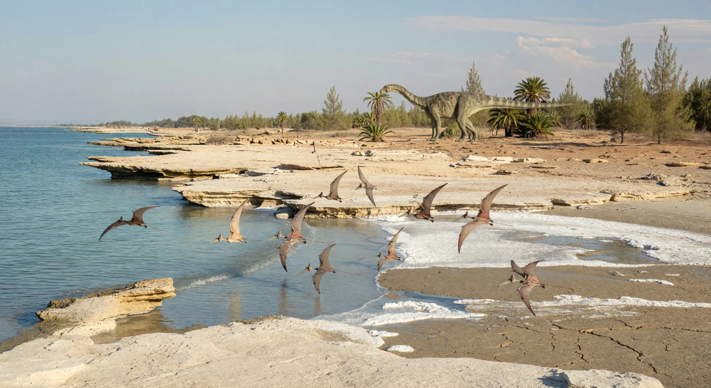 On a hot, arid shoreline along the western Tethys in the latest Triassic, about 205–201 million years ago, small early pterosaurs called Peteinosaurus skim low over warm, shallow surf above pale limestone benches and evaporitic tidal flats. Inland, a much larger Plateosaurus browses among sparse bennettitalean or cycad-like plants and Triassic conifers, illustrating the contrast between agile fliers and one of the era’s prominent basal sauropodomorph dinosaurs. The scene captures a carbonate-platform coast of the Rhaetian Age, where saline flats, dolostone muds, and drought-tolerant vegetation reflect the harsh subtropical climates common around the Tethyan margins.