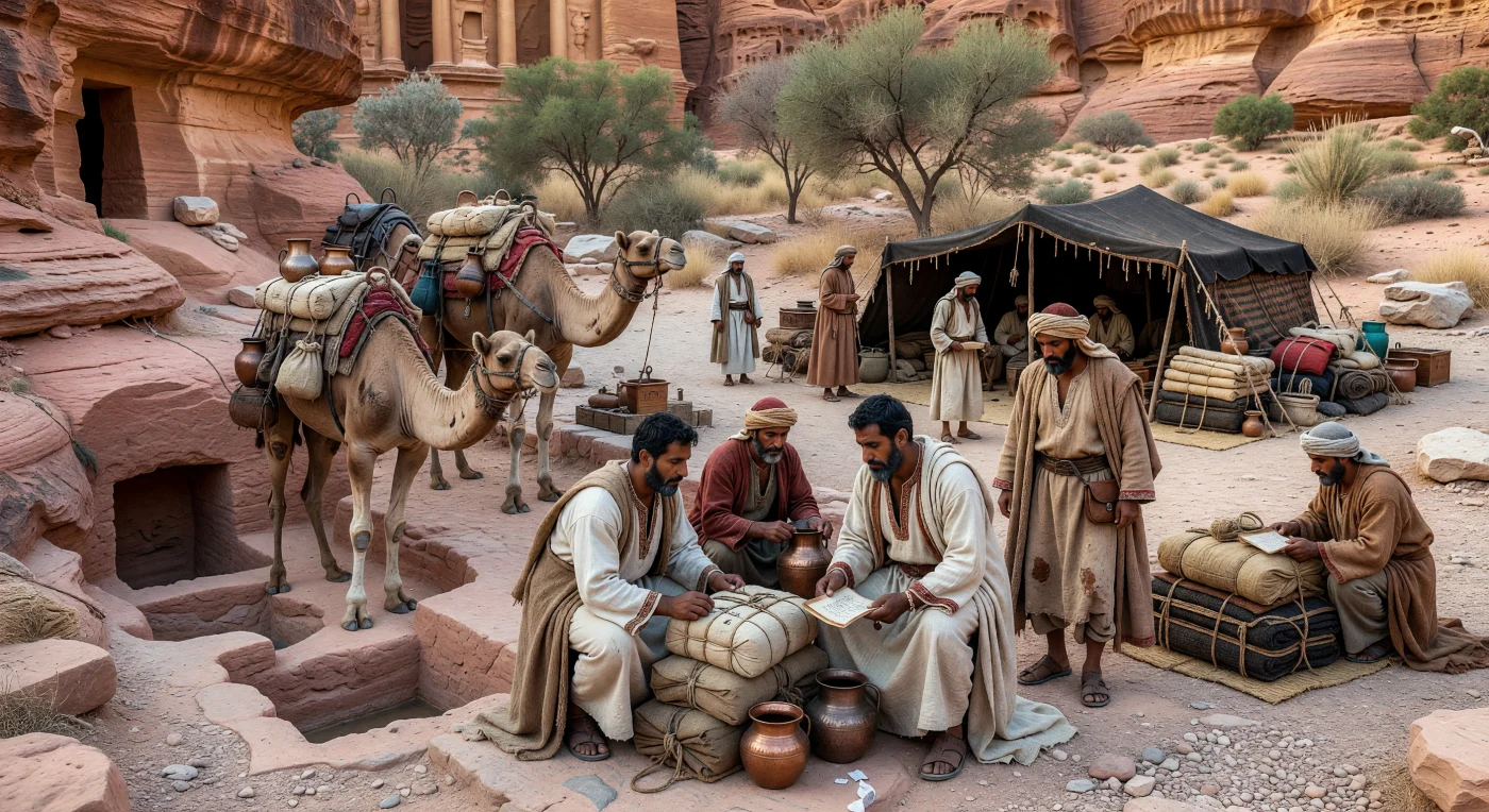 夕暮れの乾いた光の下、ペトラ近郊の隊商宿では、長い羊毛の衣と頭布をまとったナバテア商人たちが、ひざまずく片こぶラクダから乳香の包みや打ち出し銅器を降ろし、岩を刻んだ導水路と漆喰塗りの貯水槽のそばで忙しく働いています。紀元前1世紀のナバテア王国は、南アラビアの香料、レヴァントの市場、地中海世界を結ぶ交易で繁栄し、その富の基盤となったのが、このような高度な砂漠の水利技術でした。黒褐色の山羊毛テントや荷鞍が並ぶ一時的な野営地は、ペトラが単なる岩の都ではなく、過酷な乾燥地を越えて人・物・情報を結んだ国際交易の要衝であったことを物語っています。