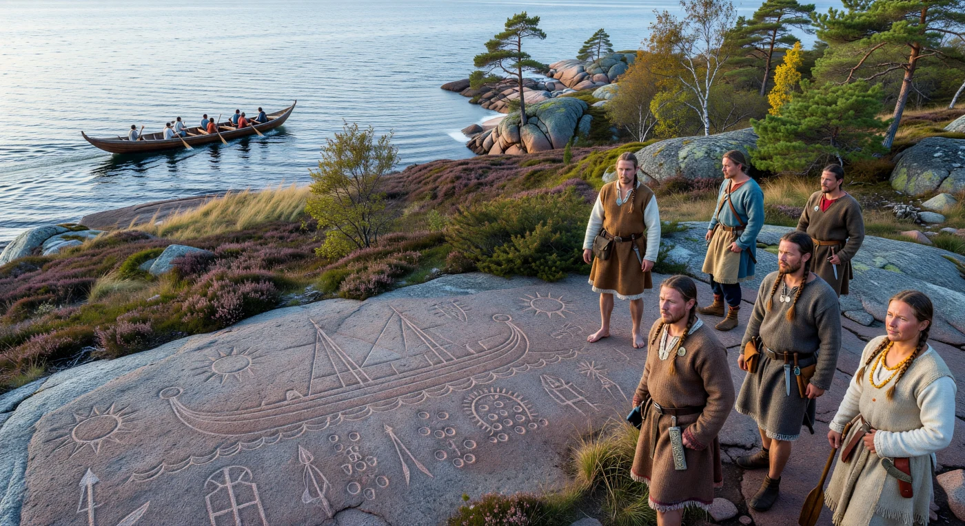 Sur cette côte de granit du sud de la Scandinavie, à l’âge du Bronze nordique, des habitants longent des pétroglyphes tout juste martelés dans la roche: de longues embarcations aux proues recourbées, des symboles solaires, des cupules et quelques armes schématiques. Au large, un bateau effilé glisse sur l’eau froide, rappelant l’importance de la navigation dans ces sociétés maritimes. Ces gravures rupestres, datées surtout des XIVe–XIIe siècles av. J.-C., témoignent d’un monde où le prestige du voyage en mer, les échanges de bronze et d’ambre, et les croyances liées au soleil occupaient une place centrale.