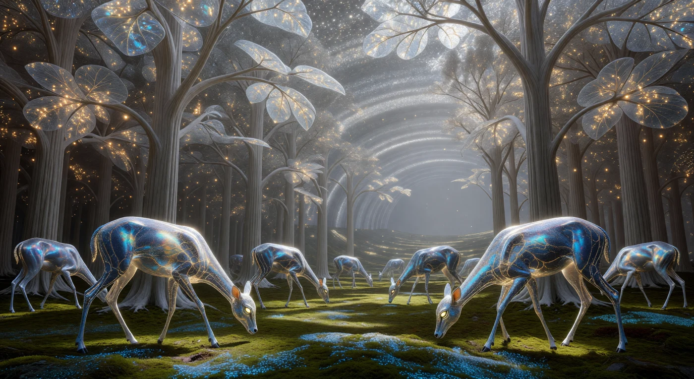 서기 44,200년경 '우주적 성숙기'의 비숍 링 거주구에서는 생물과 기계의 경계가 사라진 하이브리드 문명의 독특한 생태계가 펼쳐집니다. 화면에는 정교한 광자 격자가 내장된 '위브(Weave)' 계급의 육각 보행 사슴류들이 L-시스템 프랙탈 기하학으로 설계된 투명한 수목 아래에서 평화롭게 거니는 모습이 담겨 있습니다. 내부 유지보수용 나노 머신의 활동으로 호박색 빛을 발하는 잎사귀와 이리듐처럼 빛나는 생명체들의 외피는, 고도의 카르다쇼프 척도에 도달한 문명이 구현한 생명공학과 거대 공학의 완벽한 조화를 보여줍니다.