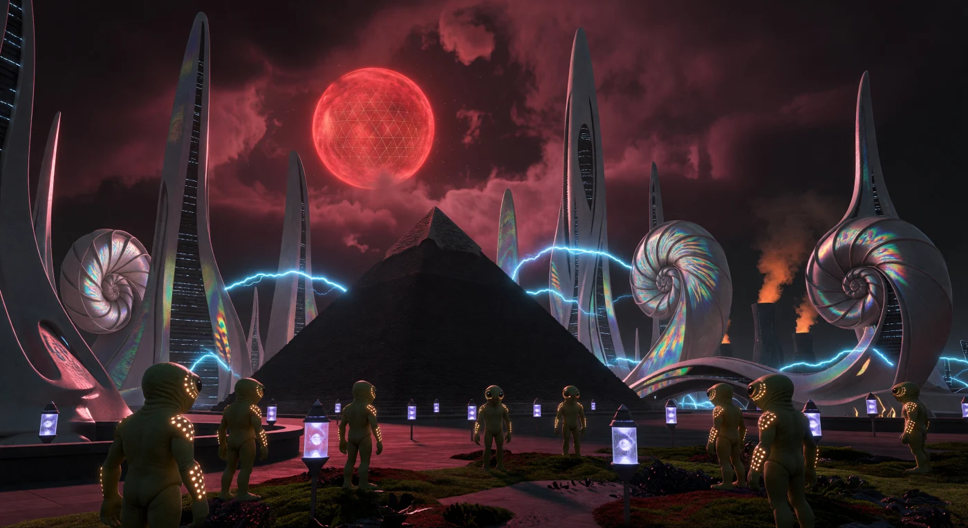 서기 3000~5000년 사이 '성간 여명기'의 프록시마 b를 묘사한 이 장면은 고대 지구의 정밀함을 재현한 현무암 피라미드 '기자의 씨앗'과 고압의 바람을 흘려보내는 유선형 세라믹 첨탑들을 보여줍니다. 1.2g의 고중력 환경에 적응한 다부진 체격의 호모 프록시무스(Homo proximus)와 다이아몬드 코어에 안착한 '기질 독립 지능(SIMs)'은 거대한 다이슨 슈라우드가 항성의 플레어를 포집하는 붉은 하늘 아래에서 공존합니다. 광합성 피부와 적외선 시각을 갖춘 이 신인류의 모습은 지구를 떠난 생명체가 외계의 가혹한 물리 법칙 속에서 어떻게 진화하고 문명을 재구축했는지 보여주는 경이로운 기록입니다.