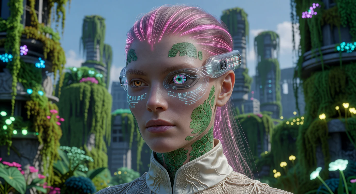 This portrait captures the "Chimeric Ideal" of the Augmented Dawn (2050–2100), an era where the human form became a canvas for radical biological and technological synthesis. The subject exhibits emerald-tinted photosynthetic skin patches for supplemental energy harvesting and fiber-optic "Living Hair" that pulses in synchronization with their internal respiratory cycle. These advancements, alongside the use of self-repairing Myco-Silk and neural-cuff interfaces, illustrate the transition from natural selection to intentional, biomimetic evolution in the late 21st century.