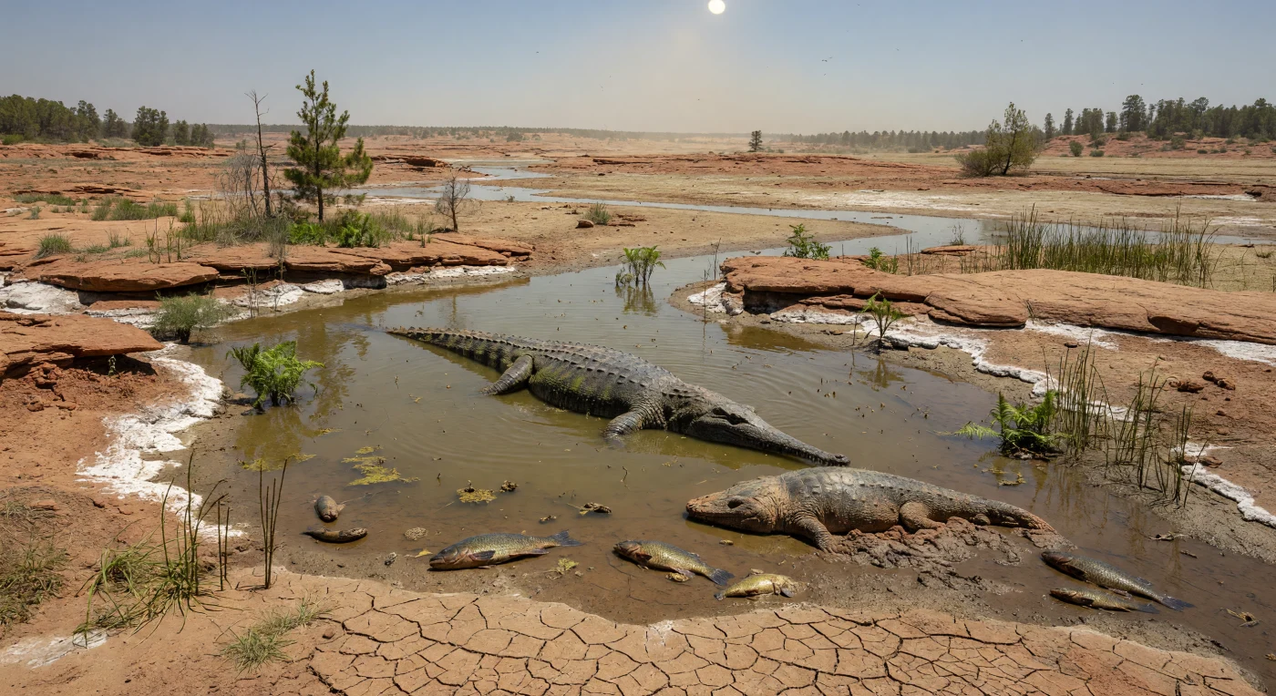 In het Laat-Trias, ongeveer 220–210 miljoen jaar geleden, ligt in het binnenland van Laurasia een krimpende hoefijzerpoel te verdampen onder verzengende droogte, omrand door witte zoutkorsten en veelhoekige modderscheuren. Half verborgen in het stinkende, zuurstofarme water wacht een 5–6 meter lange Machaeroprosopus — een phytosauriër, nauw verwant aan archosauriërs maar geen krokodil — terwijl op de oever een gestrande Koskinonodon, een reusachtige temnospondyle amfibie van circa 2,5 meter, naast stervende semionotiforme vissen ligt. De scène toont een typisch roodbed-landschap van het zuidwesten van het huidige Noord-Amerika, waar seizoensgebonden moessonregens plaatsmaakten voor lange droge tijden en waterpoelen veranderden in dodelijke vallen.