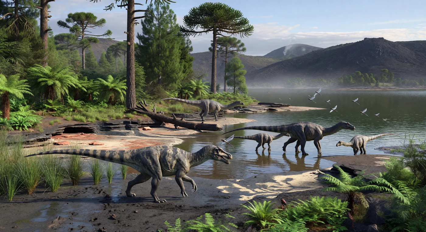 Nas margens húmidas de um lago de rifte da Bacia de Cañadón Asfalto, na Patagónia, um Piatnitzkysaurus avança rente à lama coberta de cinzas em direção a juvenis de Patagosaurus, entre fetos arborescentes, canaviais de Equisetites e troncos de coníferas araucarianas. Esta cena desenrola-se no Jurássico Médio, há cerca de 170–165 milhões de anos, num Gondwana quente e sem gelo, onde sedimentos lacustres, lodos vulcaniclásticos e terras altas basálticas registavam uma paisagem tectonicamente ativa. O esguio terópode megalossauroide, com 4–5 metros de comprimento, contrasta com os jovens saurópodes de pescoço comprido, já muito mais volumosos, enquanto grandes odonatos cintilam no ar fresco da manhã, evocando um ecossistema antigo e tenso à beira de águas escuras.