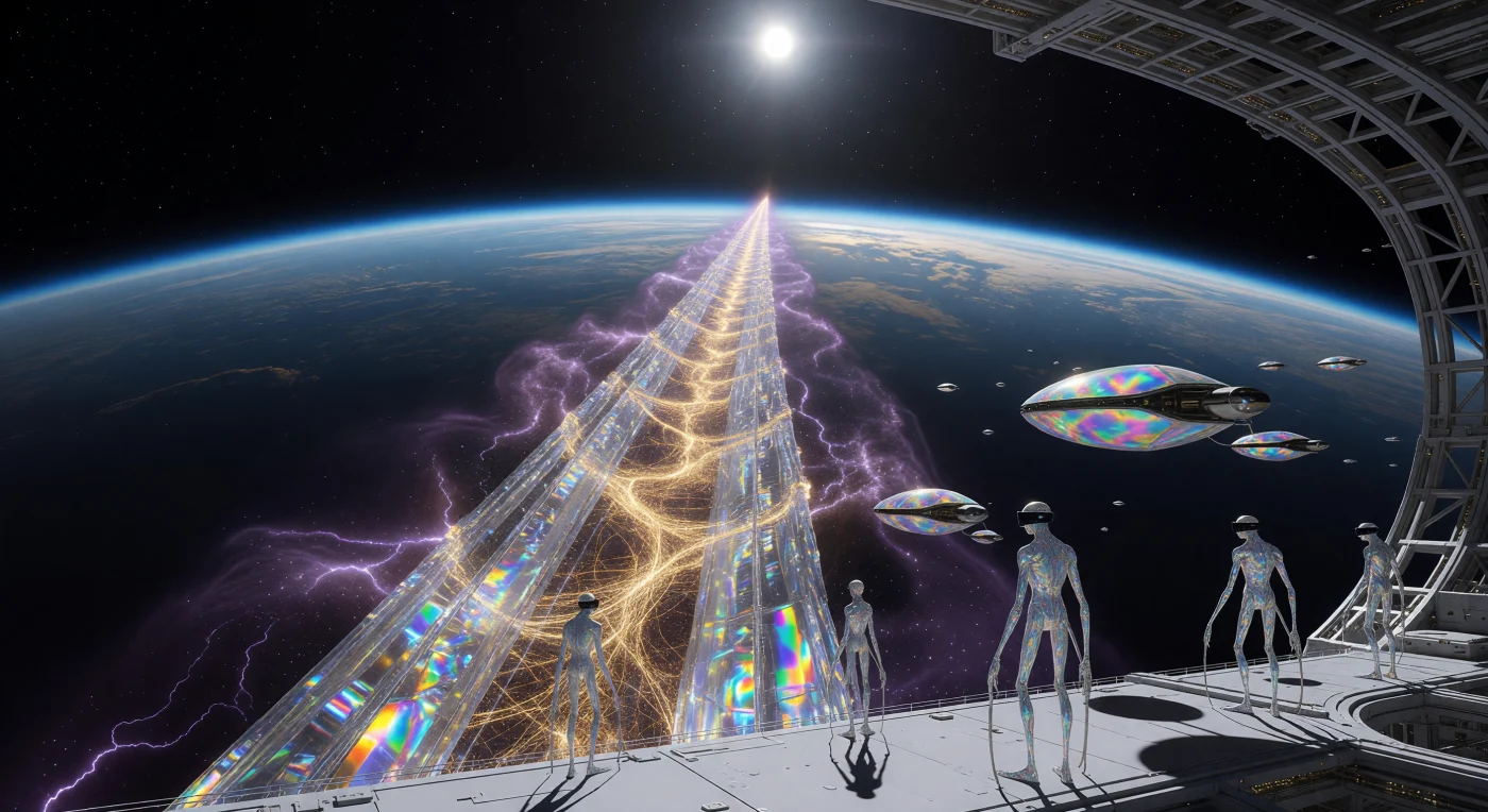 Ce panorama saisissant illustre le Pilier de Sol, un ruban de carbone monatomique de 36 000 kilomètres ancré sur une Terre terraformée, vestige architectural de l'Âge Galactique (5 000 – 20 000 apr. J.-C.). Au premier plan, des entités post-biologiques à la morphologie longiligne supervisent des drones de construction sur une plateforme de matière programmable, protégées des radiations cosmiques par un fourreau de plasma violet. Cette structure monumentale, parcourue de flux de données neuronales incandescents, incarne l'apogée de l'ingénierie stellaire et le passage définitif de la vie des surfaces planétaires vers l'immensité du vide orbital.