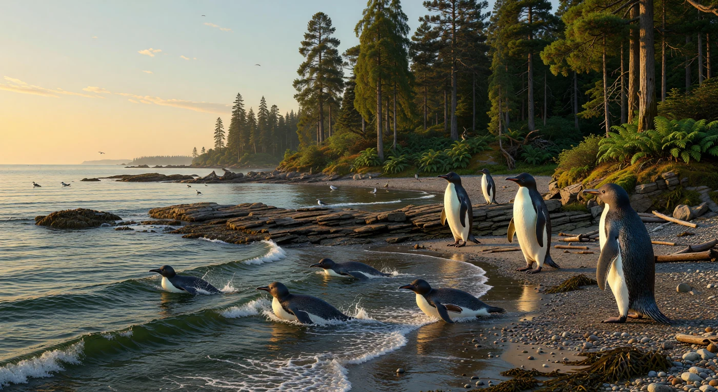 Su una costa australe dell’Eocene, circa 40–34 milioni di anni fa, enormi pinguini del genere Anthropornis, alti fino a 1,8 metri, avanzano sulla spiaggia ciottolosa e sfrecciano tra le onde fredde con il tipico movimento “a delfino”. Alle loro spalle si estende una foresta costiera umida di conifere simili a Metasequoia, felci e muschi, testimonianza di un’Antartide allora priva di calotte glaciali permanenti ma ancora fresca e stagionale. Questi giganteschi pinguini primitivi, appartenenti ai pinguini staminali del Paleogene, mostrano come gli ecosistemi marini dell’Oceano Australe si stessero riorganizzando dopo la grande estinzione di fine Cretaceo.