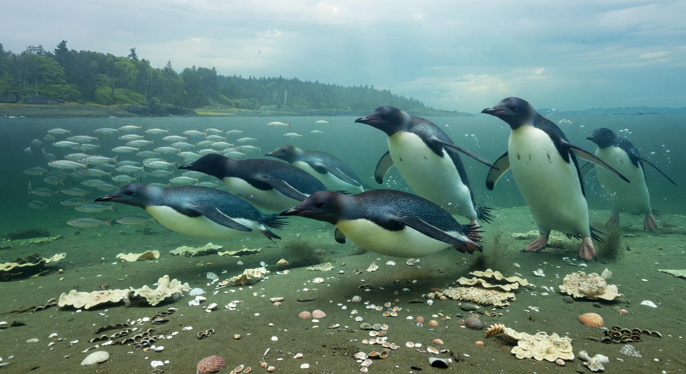 Sob as águas costeiras frias e esverdeadas da Antártida do Eoceno, há cerca de 40–35 milhões de anos, pinguins-gigantes atravessam o mar em perseguição cerrada a cardumes brilhantes de peixes clupeiformes. Vemos indivíduos de Palaeeudyptes, de bico longo e afilado como uma lança, nadando ao lado do mais robusto Anthropornis, ambos pinguins primitivos sem voo que podiam atingir cerca de 1,7–2 metros de altura em terra, deslizando acima de um fundo lodoso povoado por braquiópodes, vieiras e esponjas pálidas. Esta cena recorda uma Antártida muito diferente da atual: ainda sem glaciação completa, com costas florestadas e mares produtivos onde aves marinhas gigantes dominavam o ecossistema.