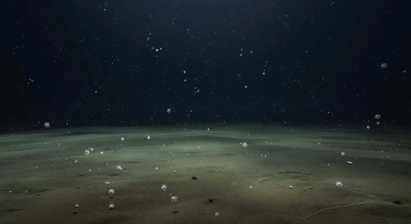 Nelle profondità abissali della Panthalassa del Tardo Triassico, circa 230–201 milioni di anni fa, una lenta “pioggia” di neve marina e di minuscoli radiolari silicei — sfere traforate, coni e forme spinose di gruppi come i Nassellaria e gli Spumellaria — scende attraverso l’acqua scura fino a posarsi su un fango fine ricco di silice. Il fondale, a 4–5 km di profondità, appare quasi vuoto e appena segnato da sottili tracce di vermi, riflettendo un oceano profondo insolitamente caldo ma povero di ossigeno. Questi sedimenti, accumulandosi per milioni di anni, avrebbero infine formato le selci radiolaritiche che oggi conservano una rara testimonianza del più vasto oceano del mondo mesozoico.