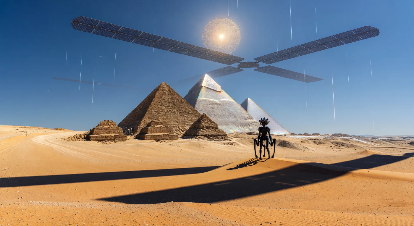 No platô de Gizé, cerca de 15.000 EC, as Grandes Pirâmides permanecem preservadas como relíquias de um museu planetário, revestidas por uma película iridescente de nano-sílica que protege o antigo calcário contra a erosão. Sob um céu azul-holoceno mantido por estabilizadores atmosféricos, sombras lineares de massivas Asas Radiadoras orbitais cruzam as dunas, enquanto o sol é filtrado pela intrincada geometria da Matriz Estelar de Dyson. Um Andarilho do Vácuo Quitinoso, forma de vida pós-biológica adaptada a ambientes extremos, contempla a paisagem, ilustrando o contraste entre a permanência geométrica do passado humano e a magnitude termodinâmica de uma civilização de Escala Kardashev II no Núcleo de Sol.