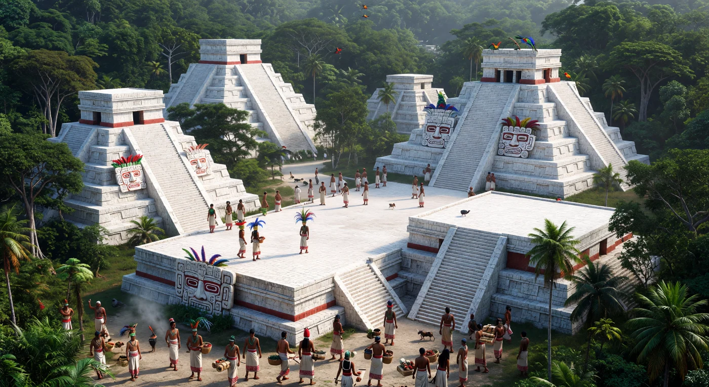 Erguendo-se acima do mar verde da floresta tropical do norte de Petén, os grandes complexos piramidais de El Mirador brilham sob o sol com revestimentos de estuque branco, faixas vermelhas e enormes fachadas com máscaras modeladas que ladeiam escadarias monumentais. Entre praças amplas e vias elevadas revestidas de cal, nobres maias com jade, plumas e tecidos finos circulam ao lado de trabalhadores e assistentes que transportam cerâmicas, incensários e oferendas. No auge do período Pré-Clássico Tardio, cerca de 150 a.C.–1 d.C., El Mirador foi um dos maiores centros cerimoniais maias das terras baixas, testemunhando uma tradição arquitetónica e religiosa sofisticada muito antes do florescimento das famosas cidades do período Clássico.