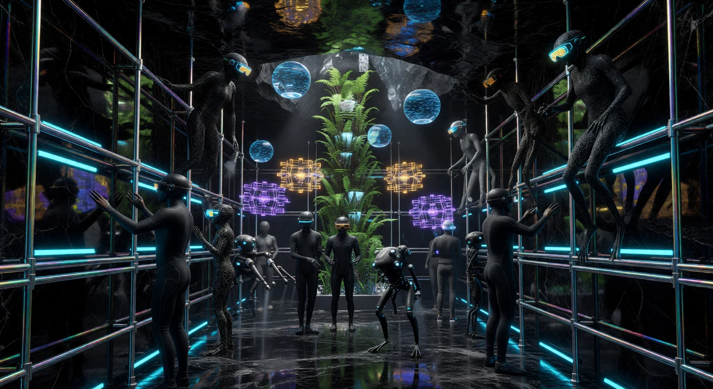 Cette vue plongeante au cœur de la croûte d'obsidienne de l'astéroïde Cérès révèle l'effervescence d'un marché asynchrone où cohabitent les *Litho-Sapiens*, humains aux membres allongés adaptés à la faible gravité, et les *Exos*, entités mécaniques aux structures céphalopodes. Datant de l'époque de la Convergence (2100-2200), cette infrastructure témoigne d'une maîtrise technologique avancée où le basalte fritté sous vide et les flux de données holographiques structurent la vie sociale de la Ceinture minière. Entre les flèches hydroponiques « Poumon-Vert » et les sculptures d'eau en lévitation magnétique, cette scène illustre l'adaptation biologique et cybernétique radicale de l'humanité face aux rigueurs de l'espace profond.