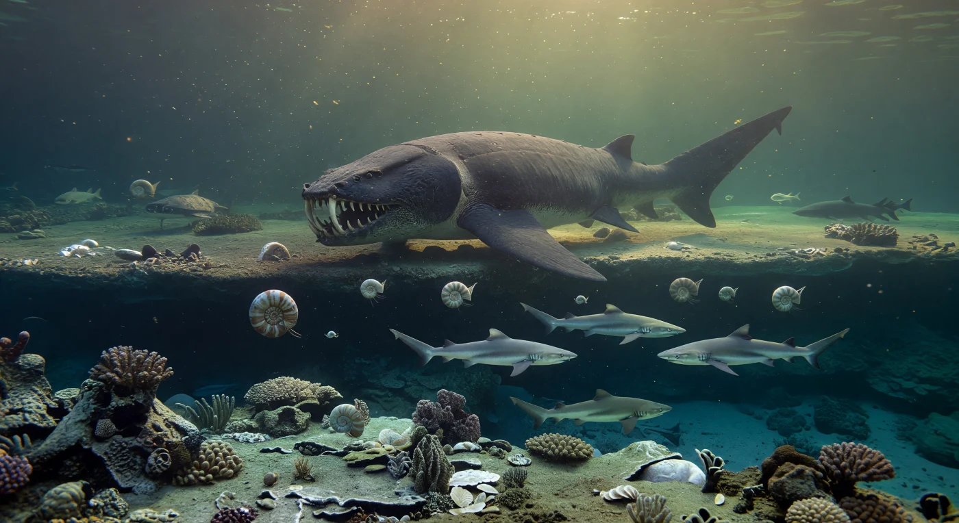 À la lisière assombrie d’un récif de la fin du Dévonien, il y a environ 370 à 360 millions d’années, un immense Dunkleosteus terrelli de 6 m glisse au-dessus du rebord du plateau côtier, sa cuirasse gris ardoise et ses lames osseuses pâles dominant un banc de Cladoselache et de petits ammonoïdes enroulés comme Tornoceras. Sous les rais dorés filtrant dans une eau bleu-vert chargée de plancton, le fond révèle un véritable récif dévonien bâti par des stromatoporoïdes, des coraux tabulés et rugueux, loin des récifs modernes. Cette scène évoque les mers chaudes de la Laurussia tropicale, nourries par les premières forêts côtières, où l’un des plus redoutables poissons cuirassés de l’histoire patrouillait au-dessus d’un monde marin ancien en pleine transformation.