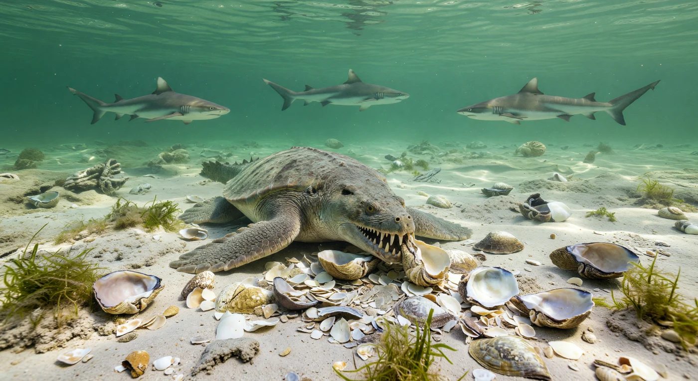 Dans cette lagune chaude et peu profonde de la marge téthysienne de la Laurasie, il y a environ 240 à 225 millions d’années, un Placodus de près de 1,7 m fouille le fond carbonaté et broie avec ses larges dents arrondies les coquilles épaisses de bivalves Megalodon, au milieu d’un tapis de débris coquilliers fraîchement fracturés. Au-dessus de lui, quelques requins hybodontes du genre Hybodus patrouillent lentement dans l’eau vert jade baignée de soleil, sans l’attaquer. La scène illustre un écosystème marin du Trias moyen à supérieur où des reptiles marins spécialisés exploitaient les lagunes côtières riches en mollusques bien avant l’apparition des herbiers modernes, des poissons osseux récifaux actuels et des tortues marines.
