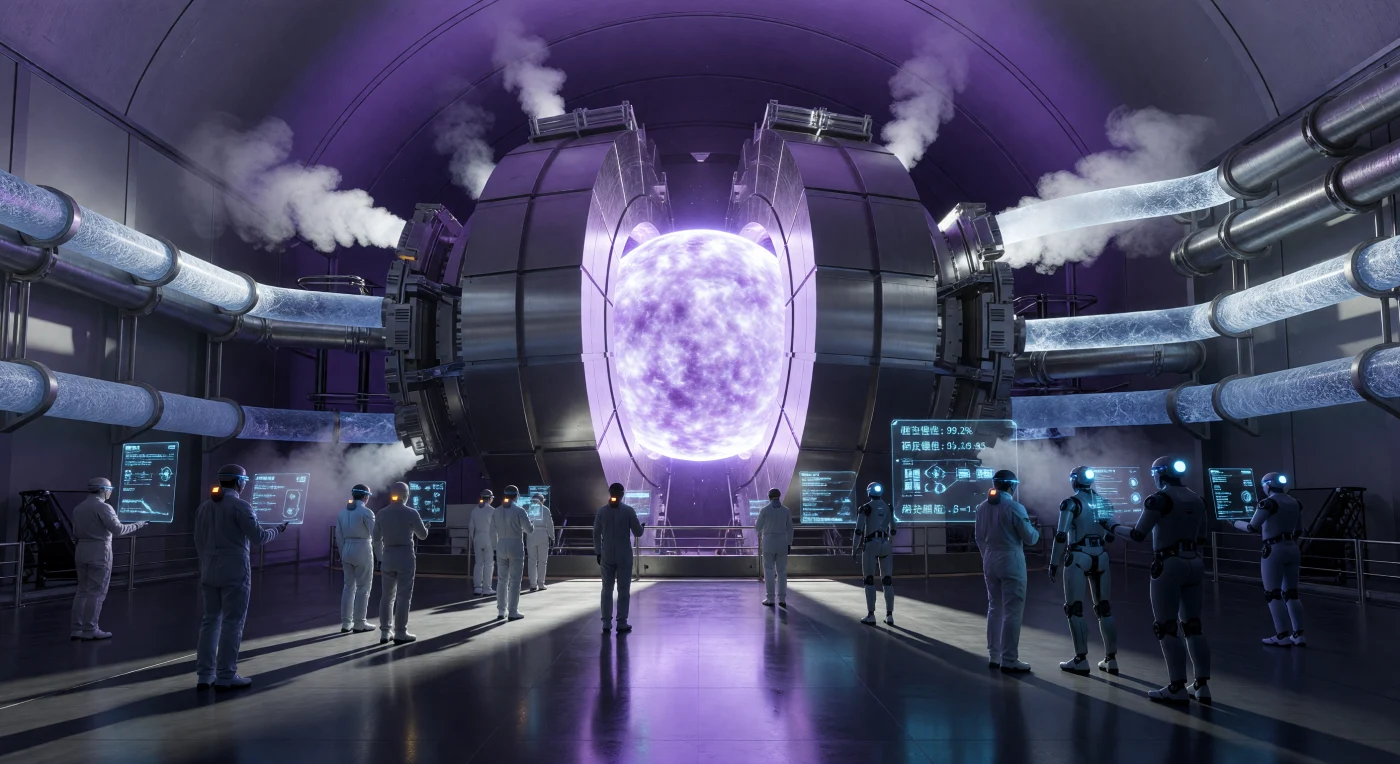 In dit panorama van de Hefei-fusiekern rond 2042 zien we de schitterende paarse plasmatorus van de CFETR-reactor, geflankeerd door menselijke technici in keramische pakken en hoogontwikkelde synthetische bewoners. Deze scène uit het tijdperk van 'De Drempel' illustreert het moment waarop de menselijke beschaving een Kardasjev-schaal van 0,78 bereikte door de succesvolle beheersing van stabiele kernfusie. De verregaande integratie van neurale interfaces bij *Homo sapiens* en de opkomst van autonome niet-biologische entiteiten markeren hier een fundamentele wending in de evolutionaire geschiedenis van de aardse intelligentie.