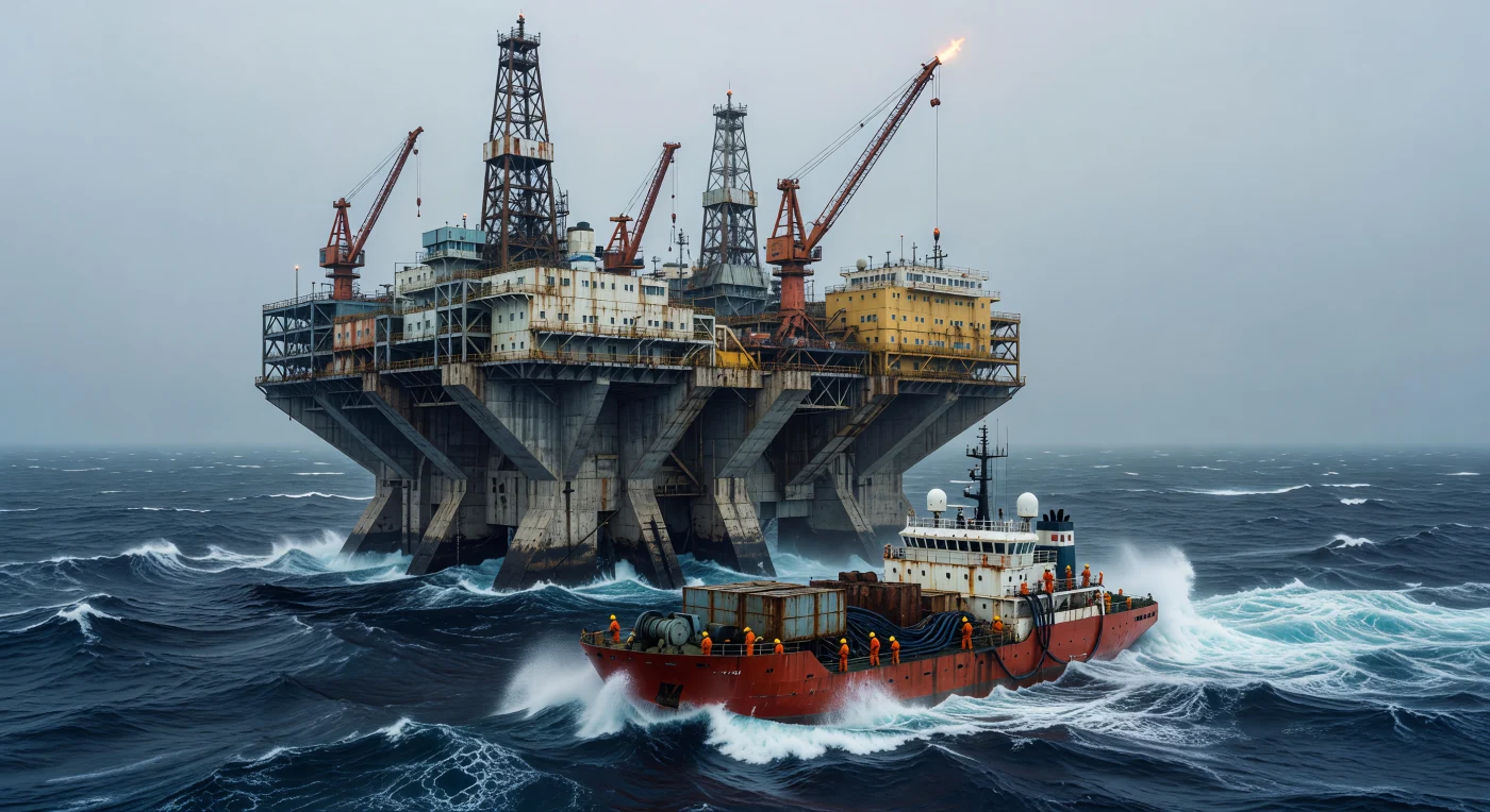 Esta imagem captura a imponente plataforma Hibernia, uma fortaleza de concreto armado que se ergue desafiadora sobre as águas gélidas e turbulentas do Atlântico Norte. A sua base serrada e maciça, projetada especificamente para resistir ao impacto de icebergs nos Grandes Bancos da Terra Nova, contrasta com a escala de um navio de suprimentos vermelho que parece minúsculo sob a sua sombra colossal. Inaugurada no final de 1997, esta maravilha da engenharia representa o ápice da exploração petrolífera offshore da Era Contemporânea, transformando o horizonte marítimo canadense em um centro de inovação tecnológica e industrial.