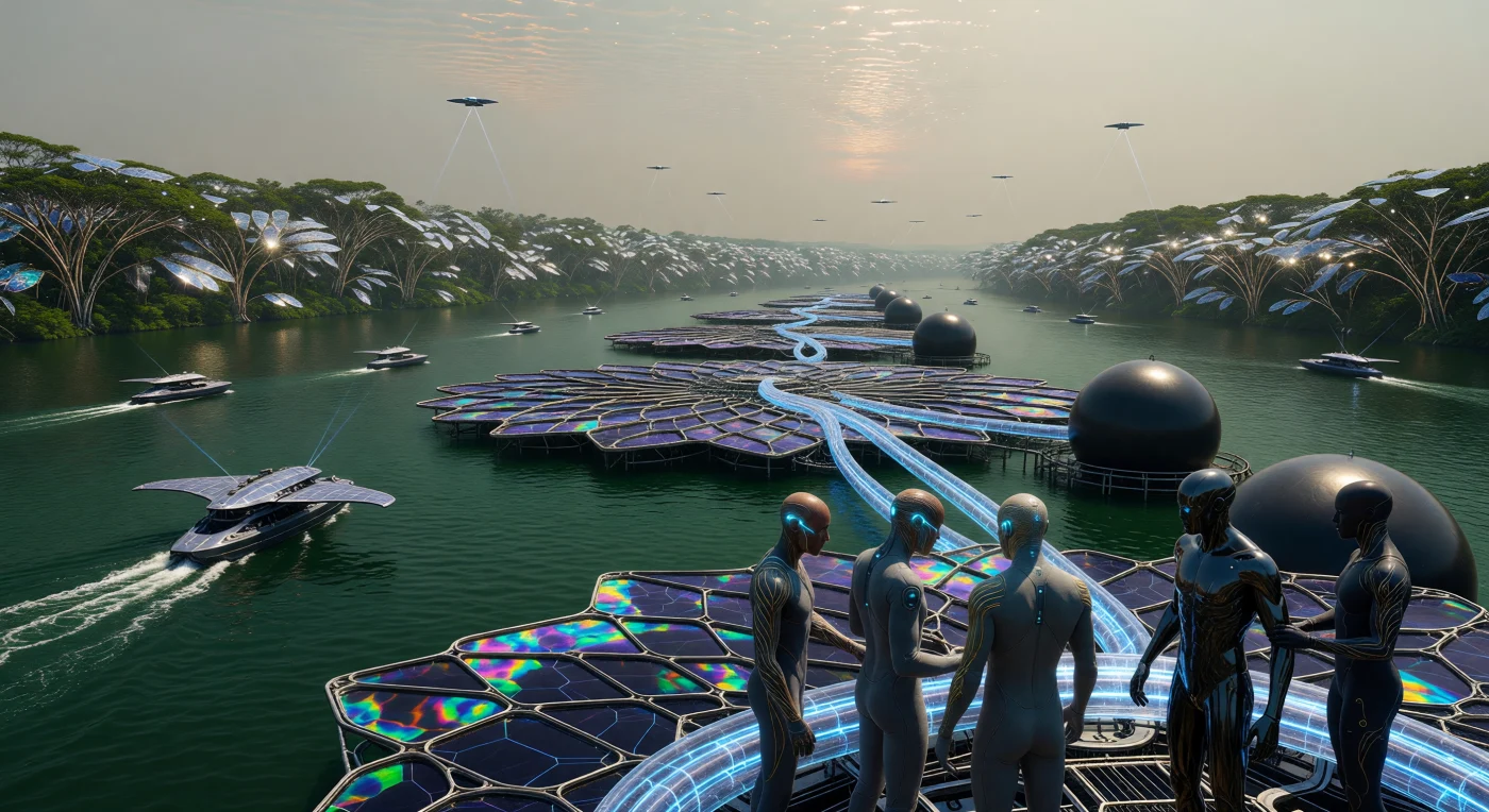 En 2088, au cœur de l’ère de l’Aube Augmentée, de gigantesques plateformes d’électrolyse biomimétiques extraient l’hydrogène du fleuve Congo, alimentées par des faisceaux de micro-ondes provenant des stations orbitales *Helios*. Sur ces structures en nanotubes de carbone, des humains « Augmentés » aux interfaces neuronales *Nyansapo* et des entités « Synthétiques » supervisent la récolte énergétique sous un soleil équatorial filtré par une brume riche en nutriments. Ce paysage illustre une étape cruciale de l’évolution de la technosphère, où la « Grande Muraille Verte 2.0 » — une forêt bio-ingéniérée aux feuilles métalliques — marque la réconciliation finale entre l'ingénierie de pointe et la puissance primordiale de l'écosystème africain restauré.