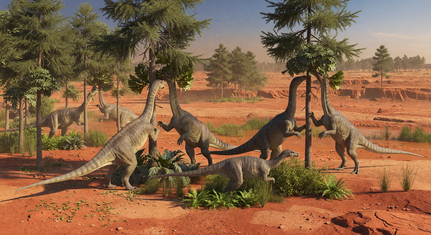 Dans cette plaine alluviale saisonnièrement sèche de l’Europe centrale, il y a environ 215 à 205 millions d’années au Norien, plusieurs Plateosaurus s’élèvent sur leurs puissantes pattes arrière pour arracher le feuillage de conifères et de ginkgophytes comme Baiera, tandis que fougères, prêles et bennettitales parsèment les sols rouge brun des « red beds » triasiques. Long de 7 à 8 mètres, ce dinosaure sauropodomorphe basal montre déjà le cou allongé et le comportement de broutage en hauteur qui annoncent ses lointains cousins géants du Jurassique. La scène évoque une Laurasie encore soudée à la Pangée, chaude, poussiéreuse et fortement marquée par les saisons, où les premiers grands dinosaures partageaient les paysages avec d’autres archosaures aujourd’hui disparus.