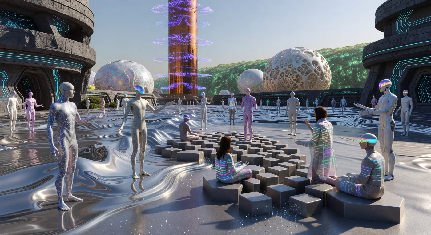 Durante la era de la Convergencia (2100-2200 d.C.), la distinción entre materia inerte y vida biológica se desvaneció, dando lugar a infraestructuras cinéticas como esta Flux-Plaza, cuyo suelo de aleación de galio se reorganiza en tiempo real mediante inducción electromagnética. En esta escena, la superficie líquida se solidifica en complejas gradas fractales de Sierpinski para acoger a ciudadanos post-biológicos y sintéticos, seres de marcos poliméricos y sensores multiespectrales que representan el siguiente eslabón de la evolución social. Al fondo, la imponente Aguja Sináptica y la Gran Espina de Re-Silvestración dominan un horizonte donde la arquitectura ya no se construye, sino que se cultiva y ensambla a escala molecular.