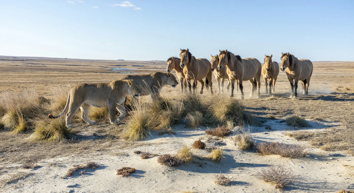 अंतिम प्लाइस्टोसीन, लगभग 1,26,000 से 12,000 वर्ष पूर्व, की विशाल मैमथ-स्टेपी में दो गुफा-सिंह (*Panthera spelaea*) ठंडी, शुष्क घासभूमि की *Festuca* घास के बीच झुके हुए एक चौकन्ने जंगली घोड़ों (*Equus ferus*) के झुंड की ओर दबे पाँव बढ़ते दिखते हैं। ये अयाल-विहीन, लंबे पैरों वाले सिंह हिमयुगीन यूरेशिया के प्रमुख शिकारी थे, जबकि ठोस शरीर वाले लगभग 1.4 मीटर कंधे-ऊँचे घोड़े इस लोएस-मिट्टी, पवन-बहुल, वृक्षहीन स्टेपी के सबसे सामान्य शाकाहारियों में थे। धूल उड़ाती खुली रिज, जमीनी ठंड से बनी उभरी मिट्टी और दूर तक फैला निर्जन मैदान उस “मैमथ स्टेपी” संसार की झलक देते हैं, जहाँ मैमथ, ऊनी गैंडे, बाइसन और मनुष्य भी इसी कठोर लेकिन समृद्ध पारितंत्र का हिस्सा थे।