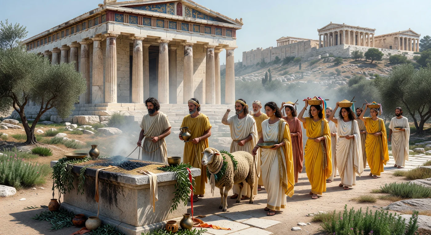 Voor een Dorische marmeren tempel in Athene trekt een plechtige processie van mannen en vrouwen in wit en saffraangeel naar een rokend altaar, terwijl een met slingers versierd schaap naar het offer wordt geleid en de Akropolis oplicht in de droge Attische zon. Zulke offers vormden een kern van de openbare godsdienst in het 5e-eeuwse Athene: burgers eerden Athena met gebeden, gerst, plengoffers en het rituele slachten van dieren, in de overtuiging dat juiste rituelen de band tussen stad en godin beschermden. De scène herinnert er ook aan dat Griekse tempels niet spierwit waren, maar levendig beschilderd met rood en blauw, waardoor heilige architectuur veel kleuriger oogde dan vaak wordt gedacht.