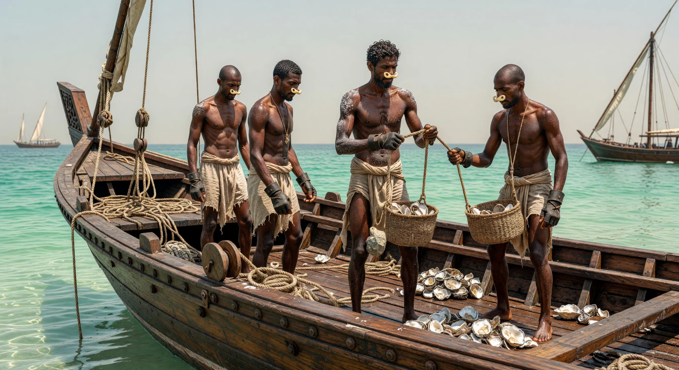 Sur le bastingage d'une *baghlah* en teck sculpté, des plongeurs de perles aux corps musclés et burinés par le sel se préparent à s'immerger dans les eaux turquoise du golfe Persique. Équipés de pinces nasales en os (*fitam*) et de protège-doigts en cuir, ils s'apprêtent à descendre vers les fonds marins à l'aide de cordes lestées pour remplir leurs paniers traditionnels. Cette scène illustre la réalité exigeante de l'industrie perlière des États de la Trêve durant la Belle Époque, une activité pilier de l'économie régionale bien avant l'essor de l'industrie pétrolière.
