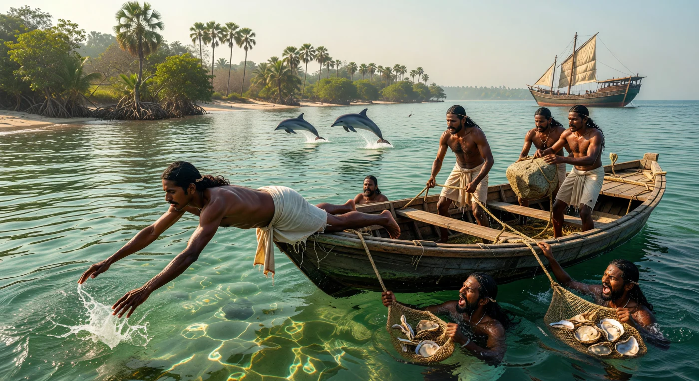 Au XIIe siècle, sous l'apogée de l'Empire Chola, des plongeurs tamouls s'élancent de leurs *dhonis* traditionnels dans les eaux turquoise du golfe de Mannar pour récolter des huîtres perlières. Ces athlètes à la peau huilée utilisent des pierres de granit attachées à des cordes de coco comme lests pour atteindre les fonds marins, une technique ancestrale essentielle au commerce de luxe qui reliait l'Asie du Sud au reste du monde médiéval. Entre les sauts de dauphins et la silhouette lointaine des navires marchands à coques cousues, cette scène capture l'effervescence d'une économie maritime dynamique et la maîtrise physique exceptionnelle des communautés dravidiennes.