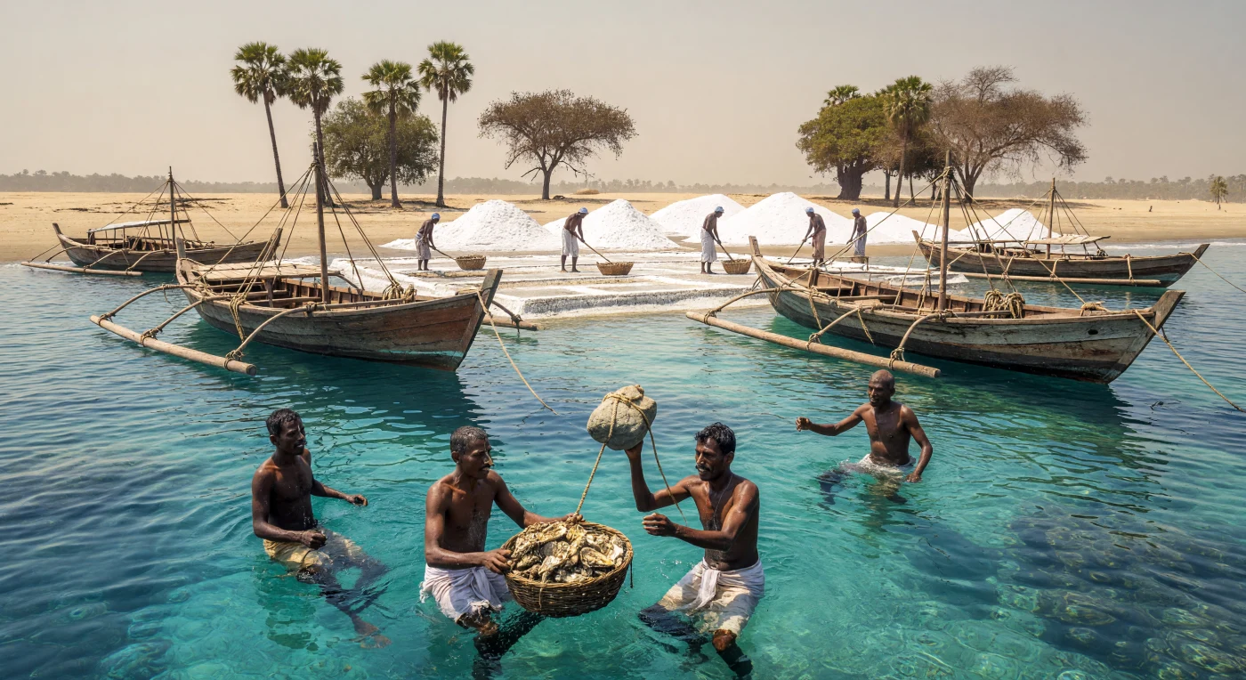 Dans les eaux turquoise du golfe de Mannar vers 1840, des plongeurs tamouls équipés de pinces nasales en os s’immergent à l’aide de pierres de lest pour récolter des huîtres perlières dans des paniers d’osier. Tandis que leurs dhonis traditionnels en teck tanguent à la surface, on aperçoit au loin des ouvriers s'activant autour de vastes monticules de sel cristallin sur le rivage brûlant. Cette scène illustre avec précision la rigueur des métiers ancestraux et l'importance des ressources maritimes en Asie du Sud au cours du XIXe siècle.
