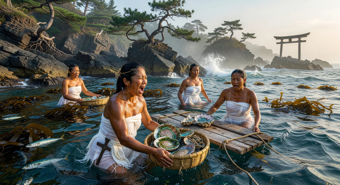Sur les côtes escarpées d'Ise-Shima au IXe siècle, des plongeuses Ama émergent des eaux glaciales du Pacifique, vêtues de linges de lin traditionnels appelés *isogi* et portant des paniers chargés d'ormeaux et d'huîtres perlières. Pratiquant la plongée en apnée sans aucun équipement moderne, ces femmes bravent les éléments pour récolter les richesses de la mer à l'aide d'outils en fer forgé et de flotteurs en cèdre. Cette scène illustre une tradition millénaire de subsistance maritime, où l'endurance physique exceptionnelle s'harmonise avec un paysage sacré marqué par les pins noirs et la silhouette lointaine d'un portique *torii*.