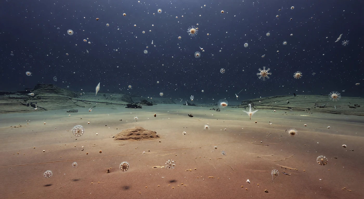 Dans ce bassin profond de la Téthys au Jurassique supérieur, il y a environ 160 à 150 millions d’années, une pluie incessante de radiolaires microscopiques descend à travers l’eau indigo et s’accumule en une vase siliceuse rougeâtre sur un fond presque immobile. Au premier plan, on distinguerait leurs squelettes de silice aux formes délicates — sphères épineuses, cônes nassellaires et étoiles ajourées — tandis qu’au fond, seules quelques rares traces de vers et d’autres petits invertébrés marquent la surface calme des sédiments. Enfouie puis lentement compactée pendant des millions d’années, cette boue deviendra la radiolarite, une roche de type chert qui conserve la mémoire d’anciens océans profonds aujourd’hui disparus.