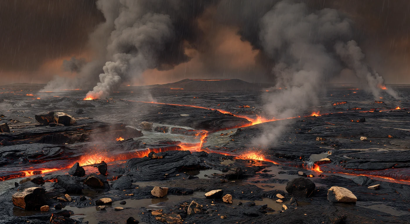 Sous un ciel d’épais nuages de vapeur charbonnée, la Terre hadéenne, vers 4,4 à 4,3 milliards d’années, reçoit des pluies torrentielles qui s’abattent sur une croûte basaltique noire encore déchirée par des fissures incandescentes, des fumerolles et des débris d’impacts récents. L’eau ruisselle en nappes sombres sur le verre volcanique et les brèches fraîches, puis redevient instantanément vapeur au contact des roches surchauffées, dans une atmosphère sans oxygène dominée par la vapeur d’eau, le CO2 et le N2. Aucun animal, aucune plante, et même aucun fossile certain de micro-organismes ne peuplent encore ce monde en formation: seuls les processus géologiques — volcanisme, bombardement météoritique et condensation des premiers océans — façonnent ce paysage d’une Terre tout juste sortie de son océan de magma.