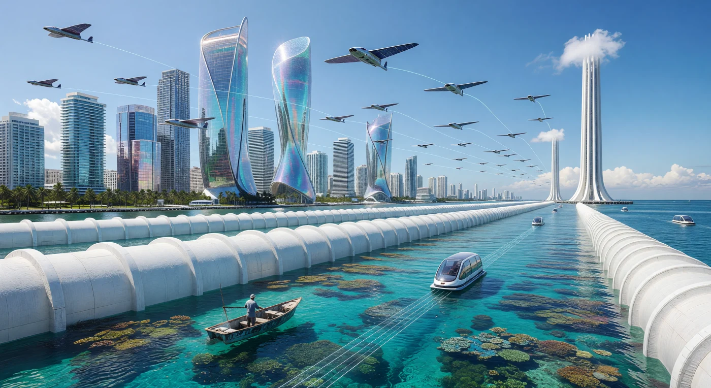 By the mid-21st century, during the transitional era known as "The Threshold" (c. 2048), the Miami Archipelago emerged as a pinnacle of Type 0.78 Kardashev engineering. This scene depicts massive "Active-White" pneumatic sea walls composed of advanced fluoropolymers that shield biomimetic glass towers from the rising Atlantic. While autonomous solar-gliders and maglev transit pods navigate a landscape defined by high-fidelity augmented reality, the presence of genetically-resilient coral reefs and "Baseline" fishermen highlights the complex integration of synthetic biology and traditional human existence in a post-climate-crisis world.