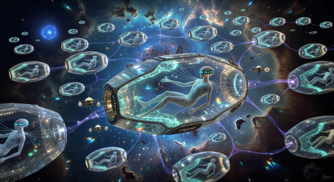 En el apogeo de la Era Galáctica (5.000 – 20.000 d.C.), la arquitectura trascendió las superficies planetarias para integrarse en el vacío interestelar, como muestran estas Cápsulas Sinápticas suspendidas en una nebulosa ionizada. Estas estructuras de diamante traslúcido albergan a los *Post-Sapiens*, entidades biotecnológicas de tres metros adaptadas a la radiación que procesan flujos de datos masivos mediante interfaces neuronales directas con la materia programable de la cubierta. La superficie de las vainas palpita con ritmos de luz cian sincronizados con la actividad cerebral de sus ocupantes, mientras sutiles cintas de plasma magnético mantienen la formación dendrítica de este asentamiento urbano en gravedad cero bajo la luz de una supergigante azul.