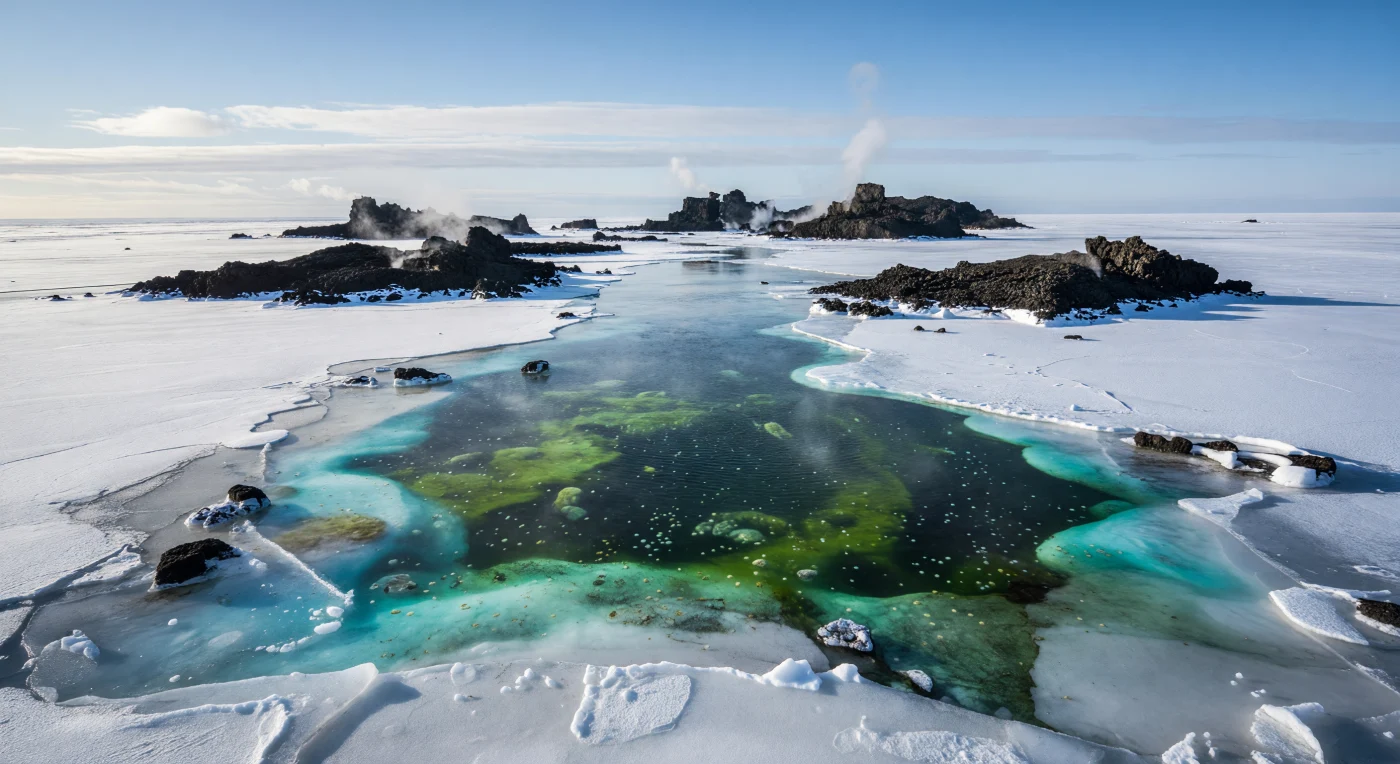 En esta escena del Criogénico tardío, hace aproximadamente 650–635 millones de años, una estrecha polinia volcánica rompe la inmensa costra de hielo marino de la Tierra “bola de nieve”, rodeada por islotes de basalto negro, fumarolas humeantes y bordes de hielo que brillan en turquesa. En la franja de agua abierta, teñida de verde oscuro, prosperan comunidades microscópicas de cianobacterias, algas clorófitas simples y abundantes esferas orgánicas similares a Leiosphaeridia, uno de los microfósiles característicos de estos mares antiguos. Estos raros refugios, mantenidos por el calor de un punto caliente asociado a un rift, muestran que incluso bajo un océano casi sellado por el hielo persistieron nichos habitables y una vida marina humilde, pero resistente, en las profundidades del tiempo.