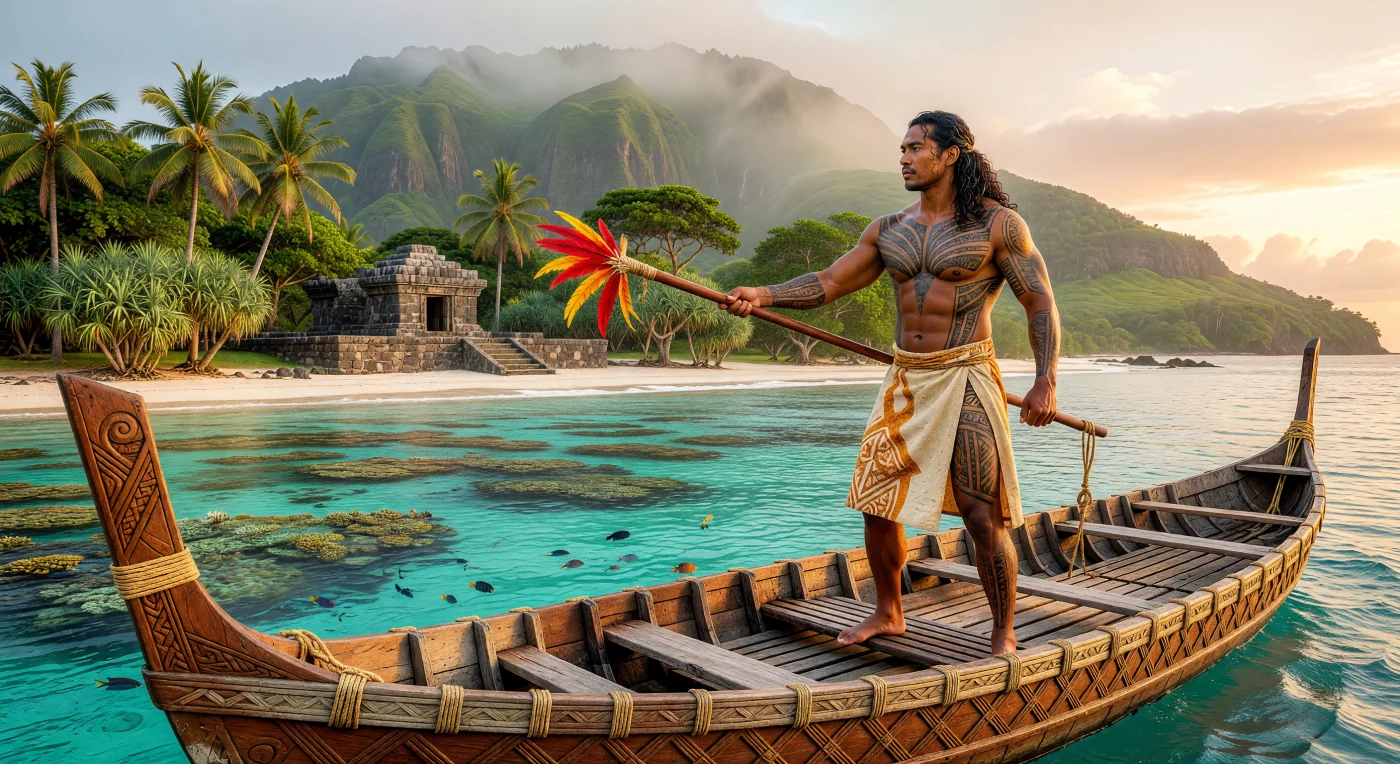 Een zwaar getatoeëerde navigator brengt bij zonsopgang een offer met een gevederde talisman vanaf het dek van een *va'a kaulua*, een indrukwekkende dubbelrompige zeilkano. Tijdens de 13e eeuw voltooiden Polynesische ontdekkingsreizigers de vestiging in de verste uithoeken van de Stille Oceaan met behulp van superieure navigatiekunst en schepen die uitsluitend door vernuftige vlechtmethoden van kokosvezel bijeen werden gehouden. Op de achtergrond markeert een stenen *marae* aan de weelderige kust de heilige verbinding tussen de gemeenschap en de oceaan die hun wereld vormgaf.