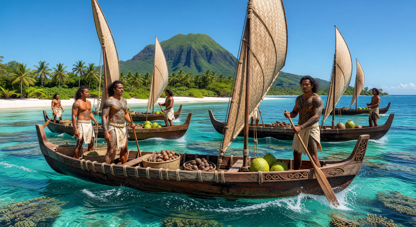 Eine Flotte polynesischer Doppelrumpf-Kanus, bekannt als *Pahi*, nähert sich um 800 n. Chr. unter Segeln aus geflochtenen Pandanusblättern einem üppigen Vulkanatoll im Südpazifik. Die kräftigen Navigatoren, deren Körper mit kunstvollen geometrischen Tätowierungen verziert sind, steuern diese meisterhaften Holzkonstruktionen, die ohne Metall allein durch handgeflochtene Kokosfaserschnüre zusammengehalten werden. An Bord transportieren sie lebenswichtige Setzlinge von Brotfrucht und Taro, die Grundlage für die dauerhafte Besiedlung entlegener Inseln während dieser Ära der großen ozeanischen Migration.