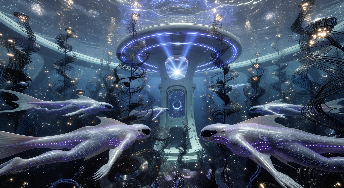 Within the internalized marine biomes of a gargantuan Orbital Ring, Polystructural beings glide through a forest of fractal, carbon-nanotube filaments. These post-biological entities, thriving during the Horizon era (c. 100,000–1,000,000 CE), possess translucent skin integrated with femtotech circuitry that allows for near-instantaneous morphological adaptation to their fluid environment. The scene is illuminated by the intense glow of a Kugelblitz vent, which harvests Hawking radiation from a microscopic black hole, illustrating a peak Kardashev-scale civilization where the boundaries between organic life and high-energy physics have entirely dissolved.