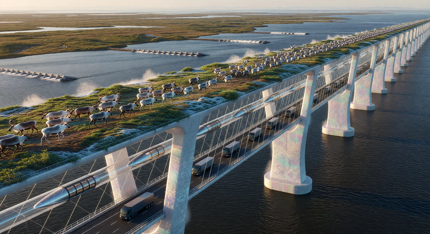 Esta colossal ponte de tensegridade no Estreito de Bering, erguida durante a Alvorada Aumentada (2050–2100), marca um ponto de inflexão na história da engenharia ao priorizar a resiliência ecológica sobre a mera conectividade humana. O nível superior sustenta um corredor de tundra viva onde manadas de caribus (*Rangifer tarandus*) retomam rotas migratórias intercontinentais, enquanto, abaixo, cápsulas de hyperloop e cargueiros autônomos deslizam por túneis de grafeno suspensos por cabos de nanotubos de carbono. Esta infraestrutura de bio-concreto autorreparável exemplifica a simbiose tecnológica do final do século XXI, unindo a Eurásia e a América do Norte em um esforço para restaurar equilíbrios biológicos ancestrais em meio às mudanças climáticas globais.