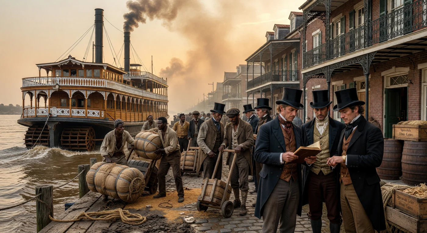 Sur les quais animés de la Nouvelle-Orléans vers 1850, d'imposants bateaux à vapeur crachent leur fumée noire tandis que des travailleurs asservis et des immigrants irlandais chargent péniblement d'énormes balles de coton sous une lumière ambrée. Cette scène illustre la brutale stratification sociale de l'époque, où l'opulence des marchands en redingotes de soie contraste avec le labeur forcé qui alimentait l'économie mondiale du « Roi Coton ». En arrière-plan, l'architecture raffinée du Vieux Carré, avec ses balcons en fer forgé, témoigne de la richesse de ce carrefour commercial névralgique du delta du Mississippi.