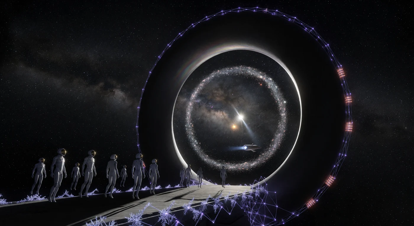 Cette vue saisissante illustre le portail Alcubierre-Vance, un anneau de 20 kilomètres en hydrogène métallique noir dont la bulle de distorsion crée une lentille gravitationnelle révélant les étoiles d’Alpha Centauri. Construite durant l'ère de l'Expansion Solaire (2500-3000 ap. J.-C.), cette infrastructure monumentale dans la ceinture de Kuiper marque la transition de l'humanité vers une civilisation de type II capable de manipuler le tissu même de l'espace-temps. On distingue au premier plan des « Marcheurs du Vide », une forme post-humaine aux membres allongés adaptés à la microgravité, témoignant de l'évolution biologique radicale nécessaire à la colonisation du milieu interstellaire.