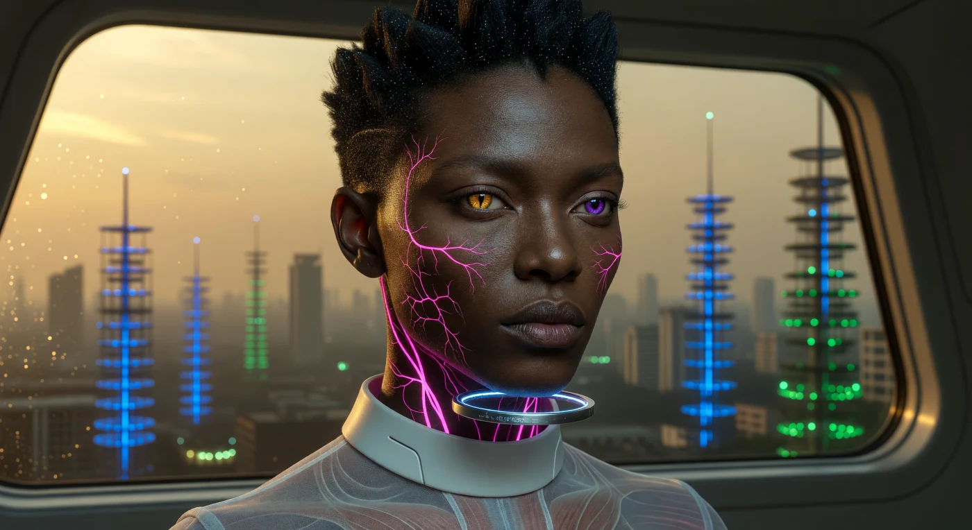 Dit intieme portret van een lid van de 'Glass Class' vangt de essentie van de Drempelperiode (2025–2050), een tijdperk waarin de menselijke biologie onlosmakelijk versmolt met technologische integratie. De kijker ziet een 'samengesteld gezicht' met algoritmische asymmetrie, geaccentueerd door subdermale Glow-Tattoos die oplichten via luciferase en een 'Static Crop' van haar dat door magnetische stof in een gewichtloze vorm wordt gedwongen. Gehuld in Myco-zijde en 4D-geprinte keramiek tegen de achtergrond van de Lagos-Mumbai megalopolis, illustreert dit individu de overgang naar een post-raciale esthetiek aan de vooravond van een nieuwe fase in de menselijke evolutie.