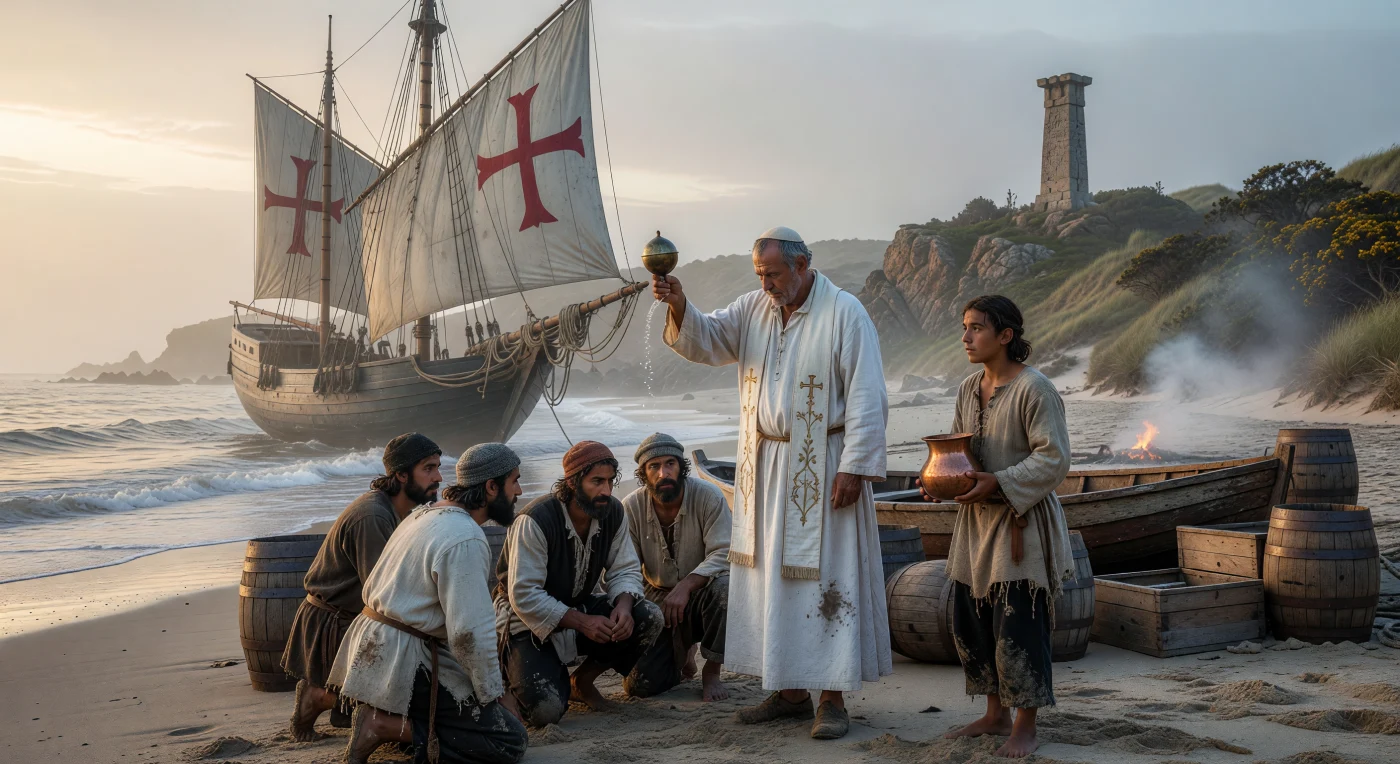 Een priester in wit linnen zegent een karveel met de rode kruisen van de Orde van Christus, terwijl bebaarde zeelieden in ruwe zeemansdracht devoot knielen op de mistige Portugese kust bij zonsopgang. Deze plechtige ceremonie weerspiegelt de diepe verwevenheid van religieuze toewijding en maritieme ambitie aan het einde van de 15e eeuw, het startpunt van de grote Europese ontdekkingsreizen. De aanwezigheid van de *padrão* op de achtergrond en de gezegende vloot markeren het moment waarop Portugal zijn blik definitief op de verre horizon van de Atlantische Oceaan richtte.