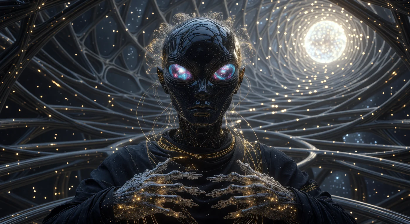 Esta imagem retrata uma entidade pós-biológica da era do Horizonte (100.000 a 1.000.000 d.C.), exibindo a chamada Simetria Aureliana no interior monumental de uma Esfera de Dyson. O espécime apresenta uma derme de matéria programável com brilho de obsidiana e sensores multiespectrais que mimetizam nebulosas gasosas, evidenciando o colapso das fronteiras entre biologia e tecnologia durante o período da Consolidação Trans-Material. Trajado com seda de nêutrons e coroado por filamentos neurais bioluminescentes, este descendente humano representa o auge da engenharia molecular e da adaptação da vida a ambientes estelares artificiais no futuro remoto.