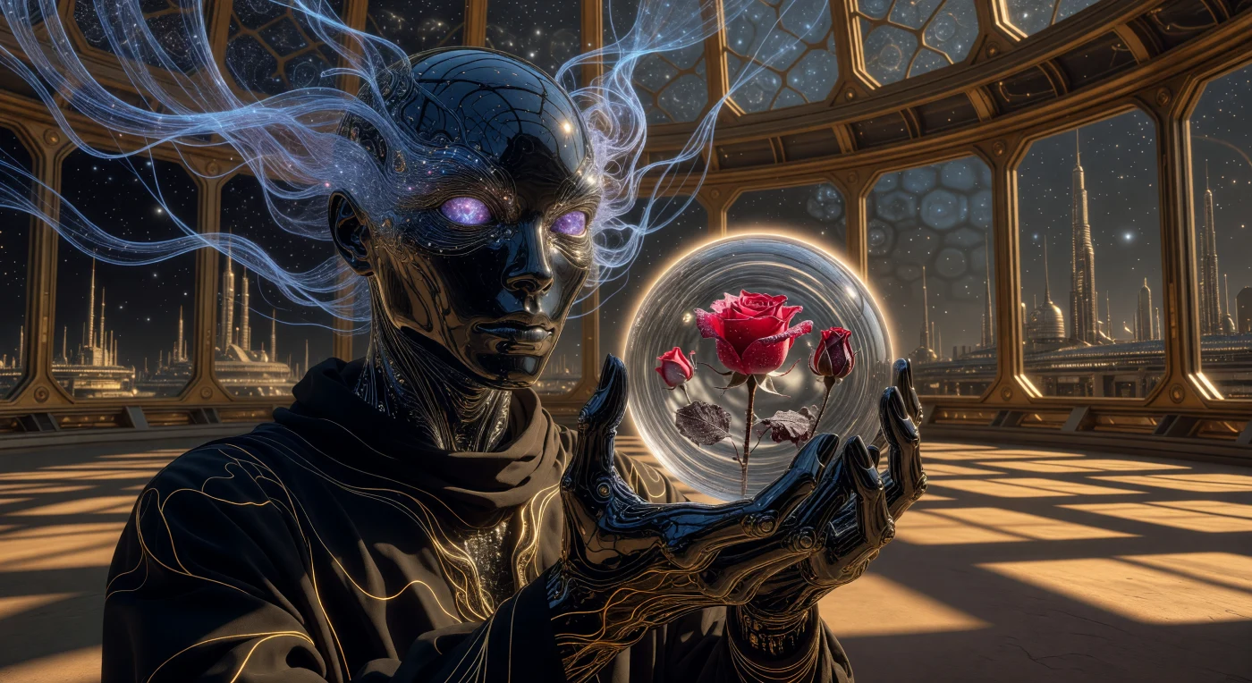 Nesta representação da era "O Horizonte" (aprox. 100.000 – 1.000.000 d.C.), um humano pós-biológico de estética "Simetria Aureliana" segura um Relicário Cronos, onde uma rosa terráquea (*Rosa*) é mantida em um loop temporal perpétuo de florescimento e dessecação. Este período caracteriza o ápice da Consolidação Transmaterial, uma época em que a linhagem humana transcendeu a biologia orgânica para habitar megaestruturas como a Esfera de Dyson visível ao fundo. Através de uma derme de obsidiana polida e filamentos neurais luminescentes, a espécie demonstra o domínio sobre as leis da física, preservando a herança biológica da antiga Terra como uma relíquia artística suspensa no espaço-tempo.