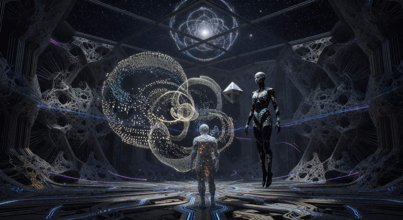 Deep within a cavernous heat-sink cathedral on a tidally locked planet, diverse post-biological clades—including a dense High-Gravity Crystalline being and a radiation-harvesting Void-Born initiate—gather to interpret a complex 4D topographical map of the 16-Cygni system. Set during the Galactic Age (c. 5,000–20,000 CE), this scene highlights a period where humanity has transcended its biological origins to exist as extremophile forms capable of processing data at the Landauer Limit. The holographic projection utilizes Lincos-Prime mathematical glyphs, a universal language designed for interstellar communication between the fragmented civilizations of the Dyson Swarm era.